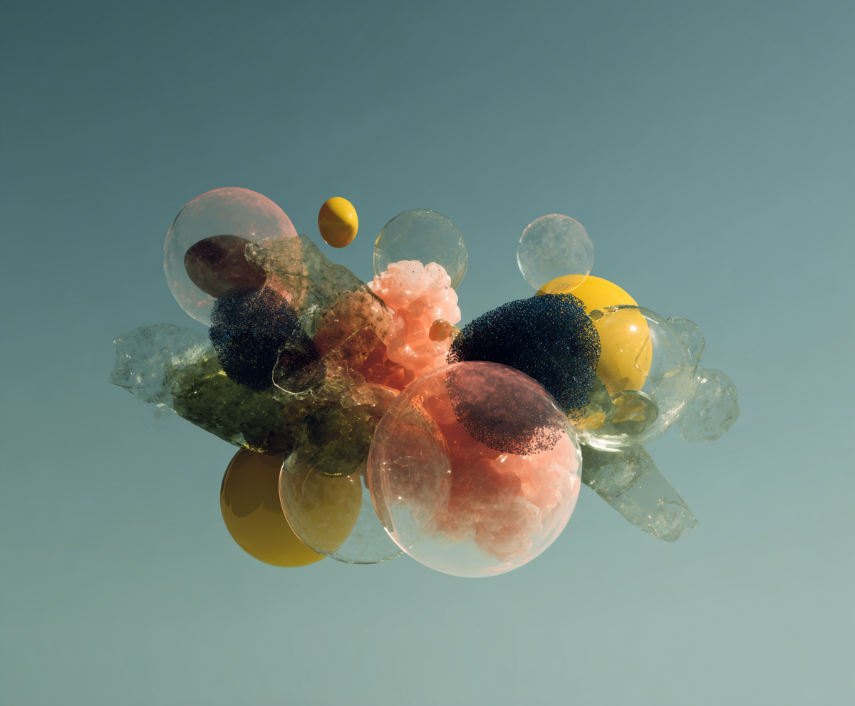 Multiple organic 3D objects suspended in space